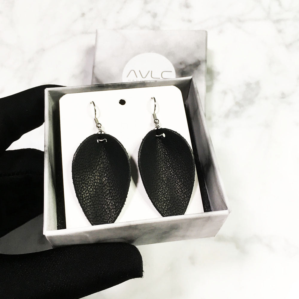 Black - Leather Leaf Earrings