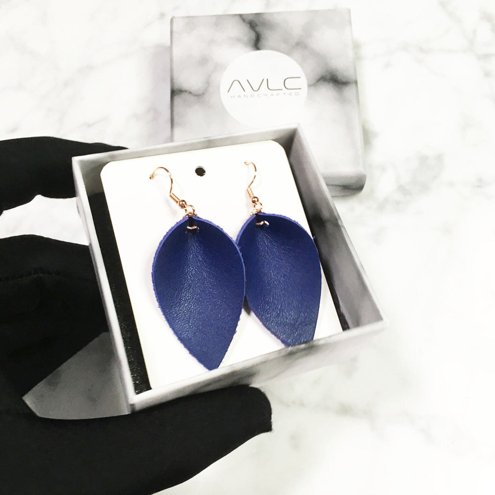Blue - Leather Leaf Earrings