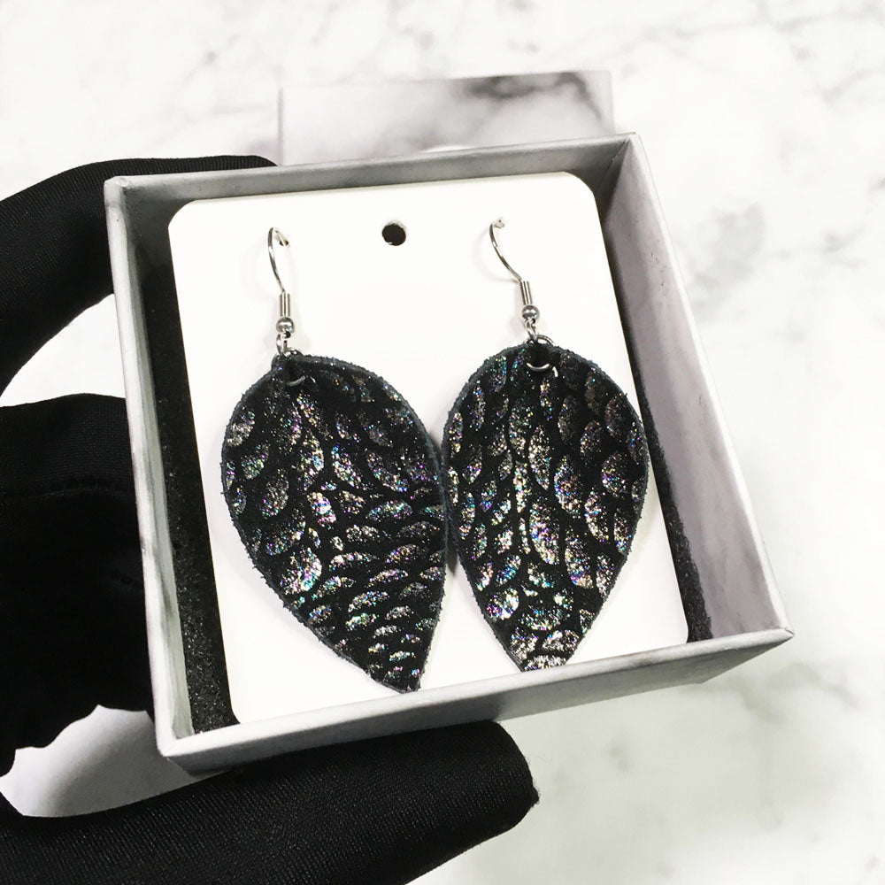 Black Dragon - Leather Leaf Earrings