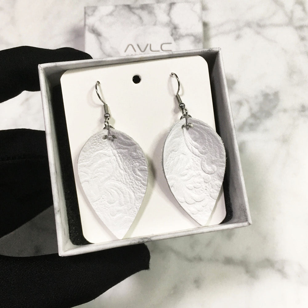 Western White Saddle - Leather Leaf Earrings