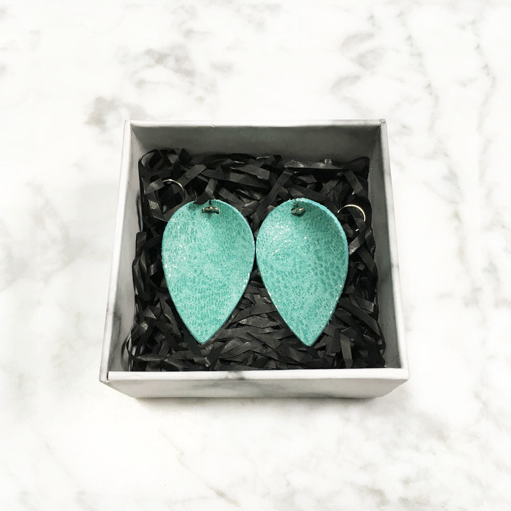 Turquoise Floral Glitter - Leather Leaf Earrings