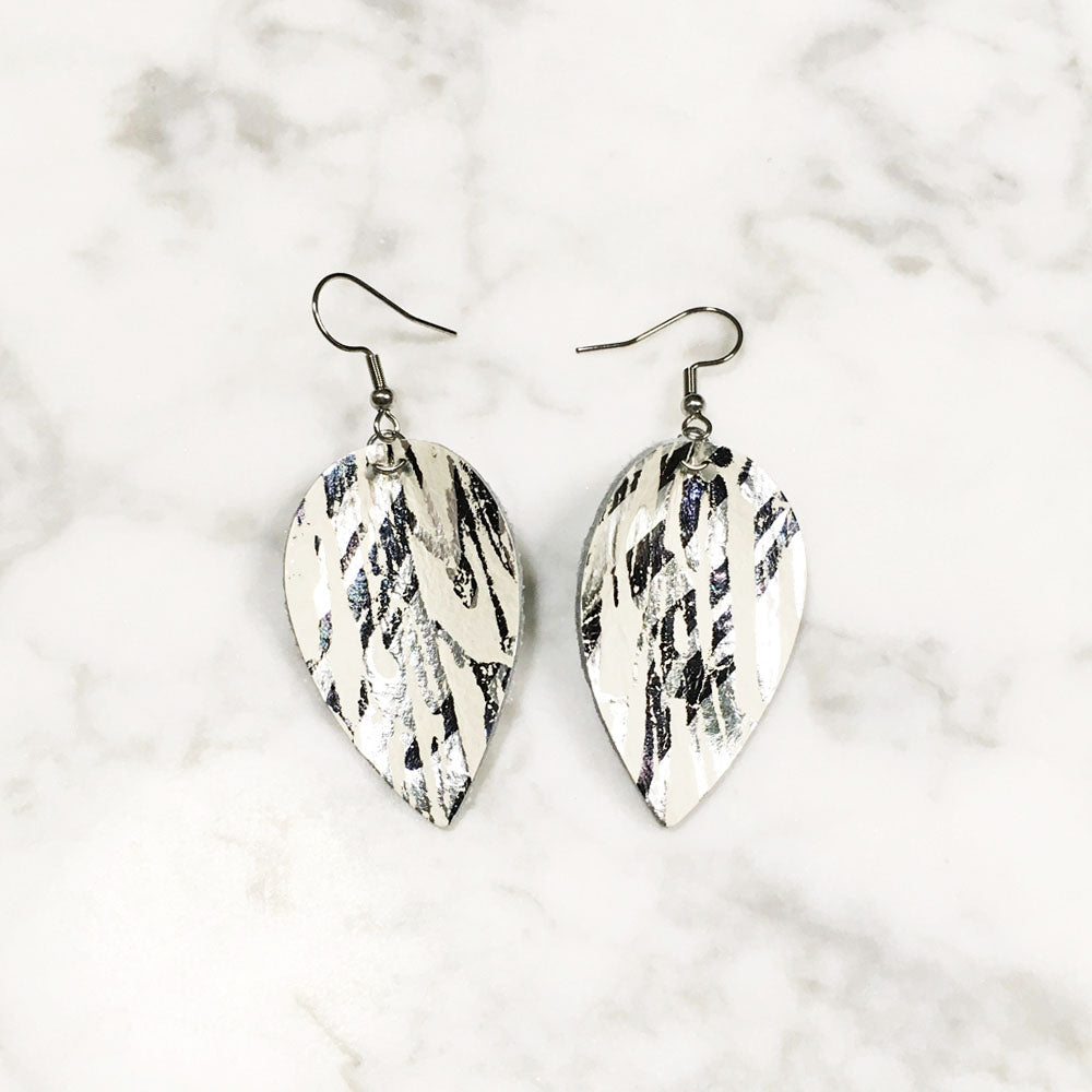 Silver Iridescent Abstract - Leather Leaf Earrings