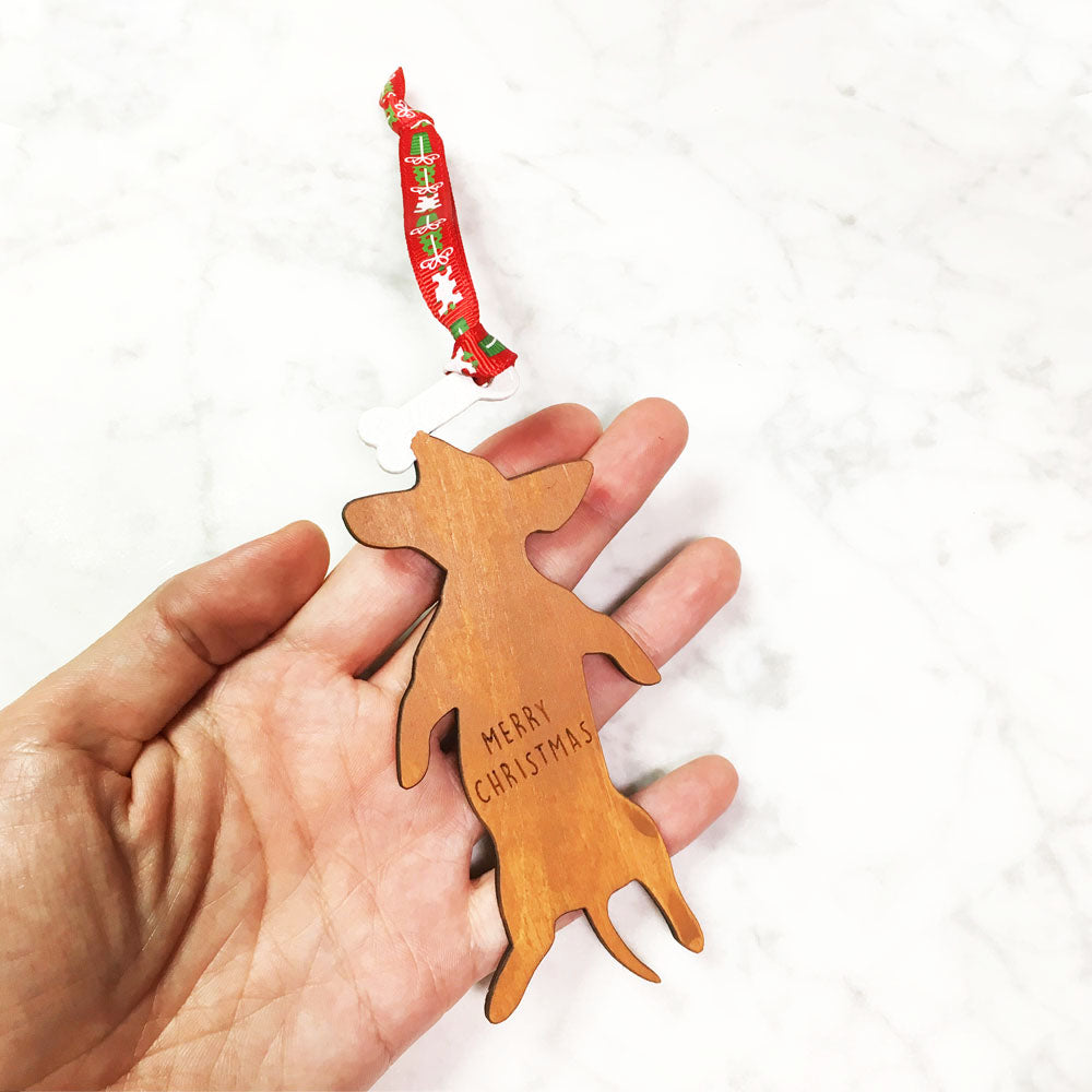 Dachshund with Bone - Wooden Dog Ornament