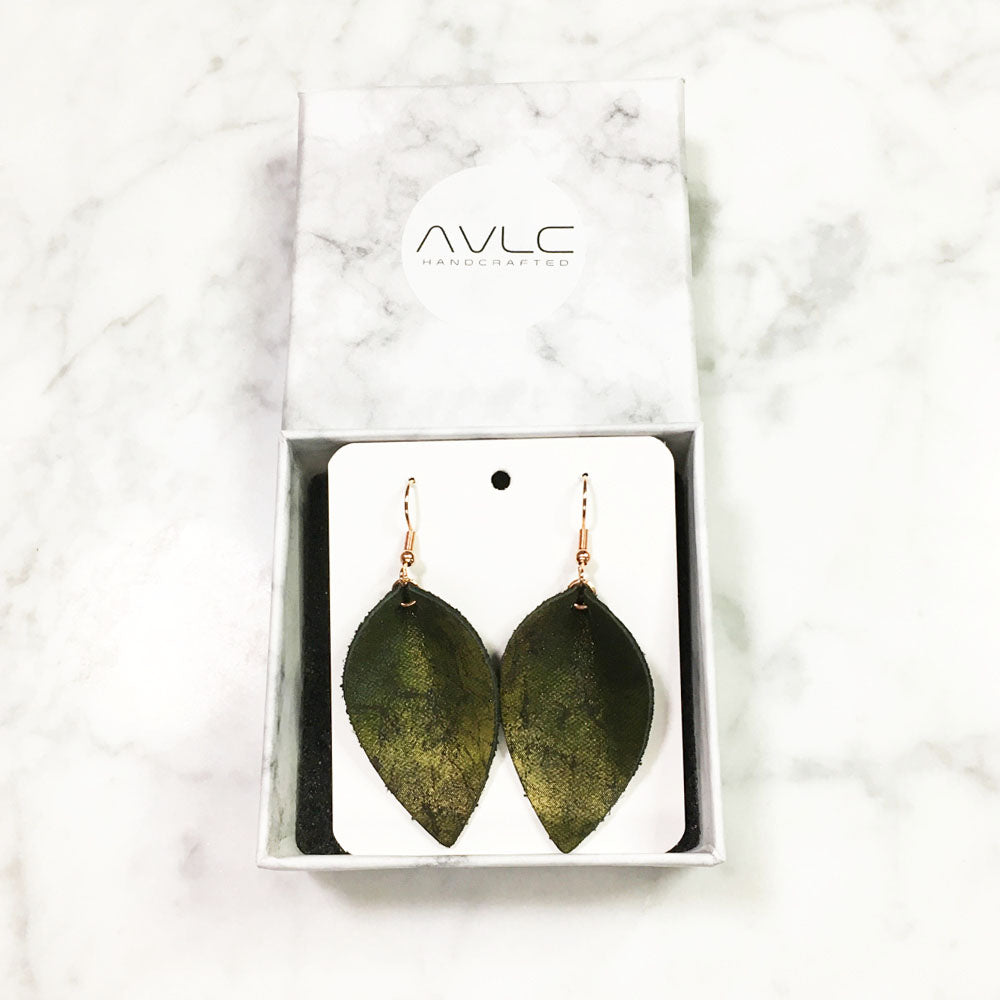 Olive - Leather Leaf Earrings