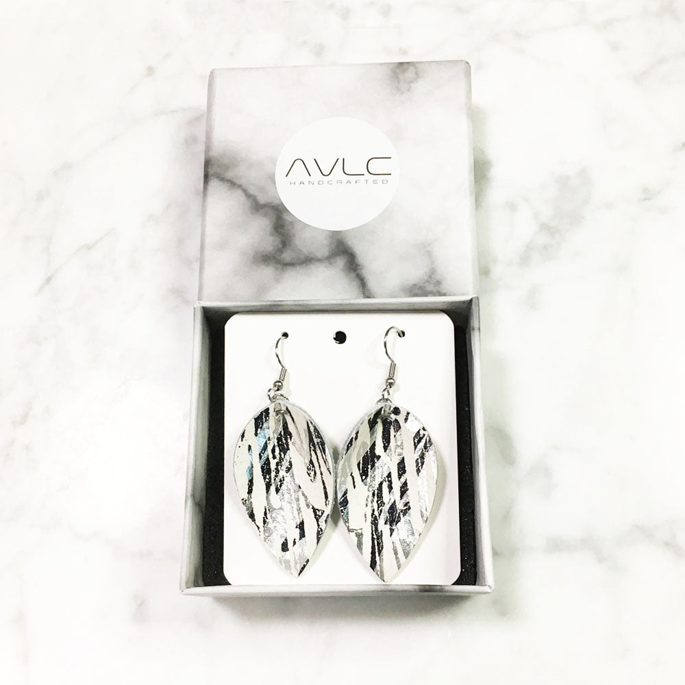 Silver Iridescent Abstract - Leather Leaf Earrings