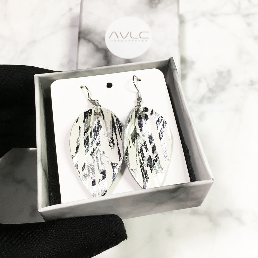 Silver Iridescent Abstract - Leather Leaf Earrings