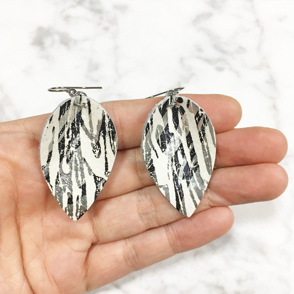 Silver Iridescent Abstract - Leather Leaf Earrings